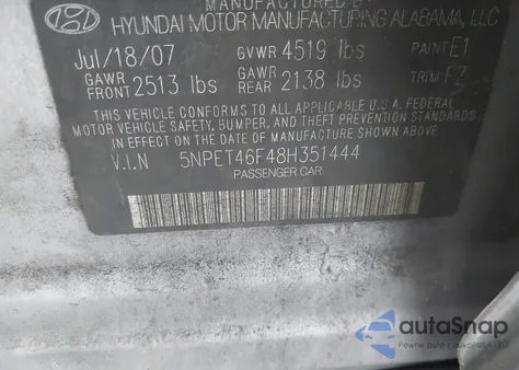 2008 Hyundai Sonata Gls V6 z USA, uszkodzony, nr VIN 5NPET46F48H351444